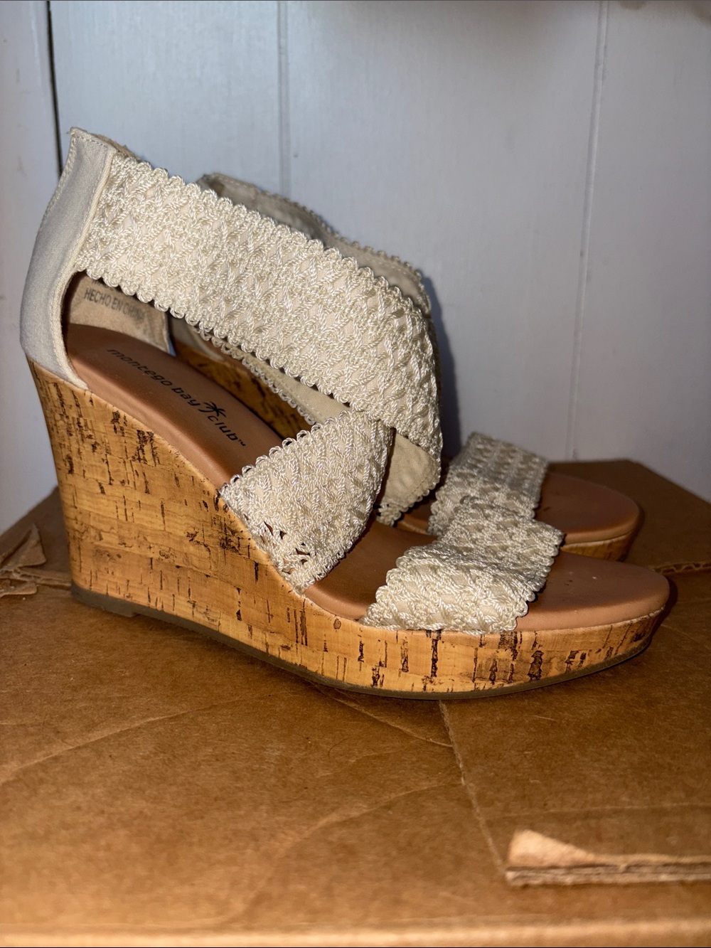 Montego Bay Club Cream Woven Cork Wedge Sandals size 7